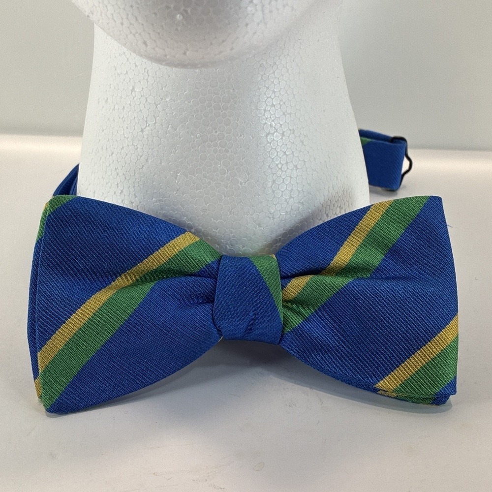 Beau Ties Ltd of Vermont REPP Print Silk Bow Tie Blue Green Gold Hand-Sewn EUC